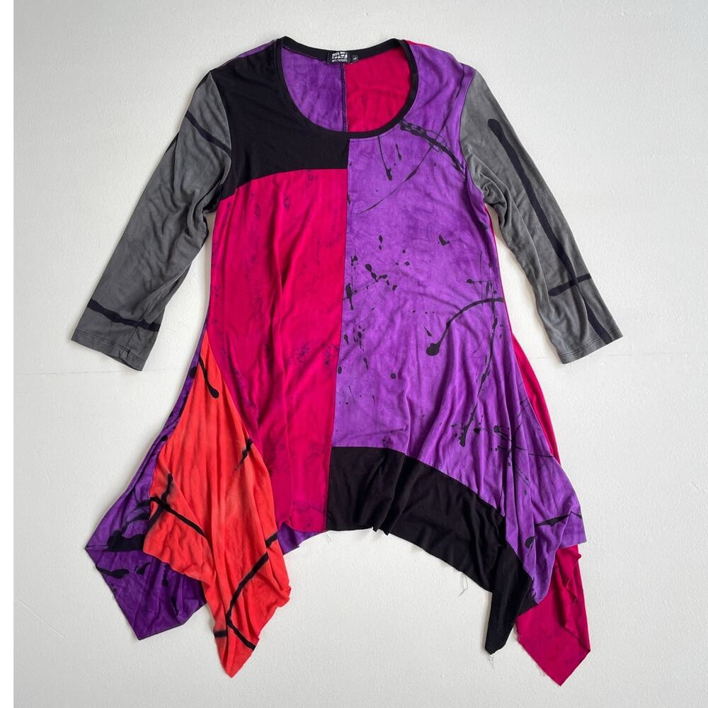 Art Of Cloth Colorful Paneled Lagenlook Dress Sz L Stretchy Avant Garde Designer